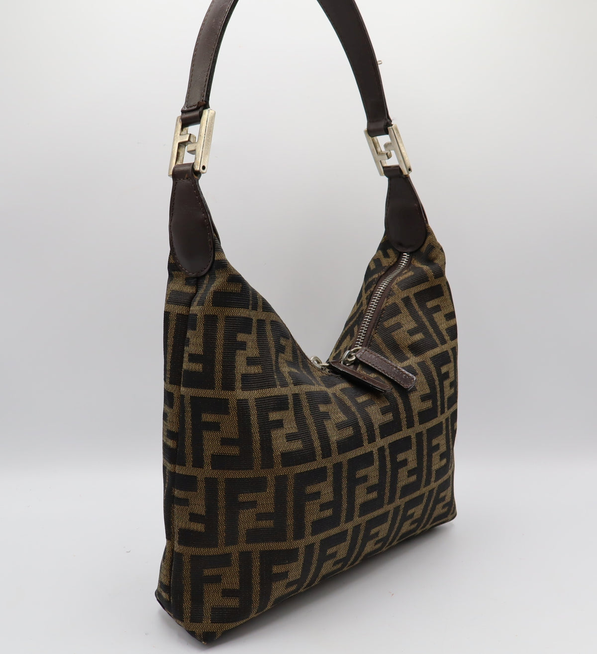 Fendi Brown Zucca Monogram Canvas Leather Shoulder Bag