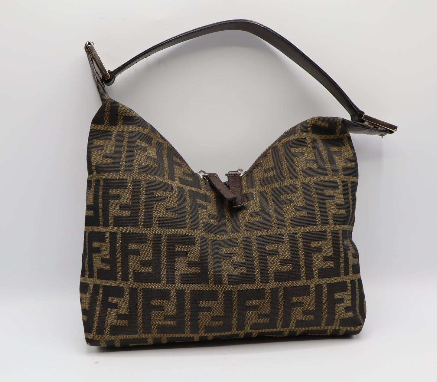 Fendi Brown Zucca Monogram Canvas Leather Shoulder Bag