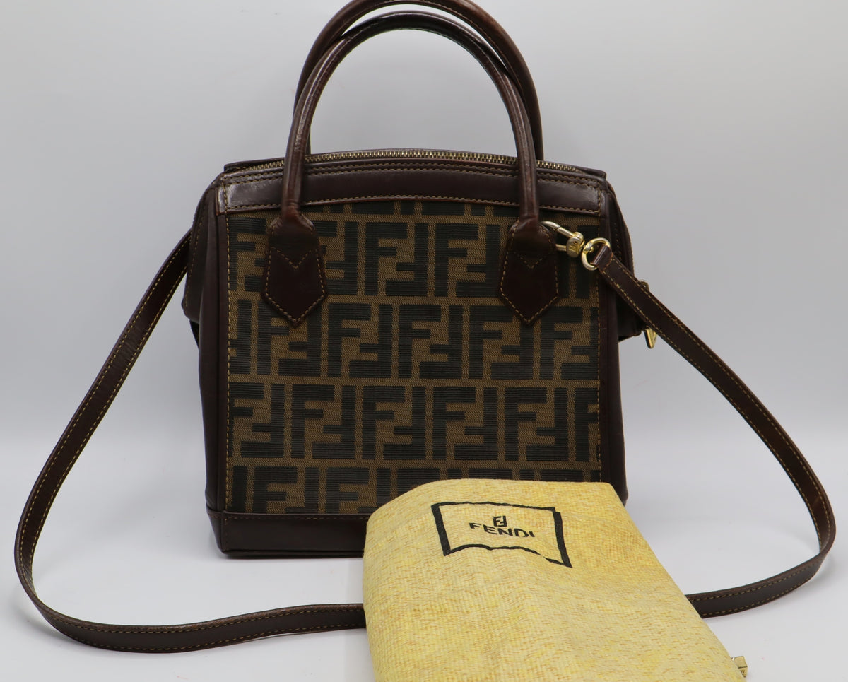 Fendi Brown Zucca Canvas Leather Tote Bag