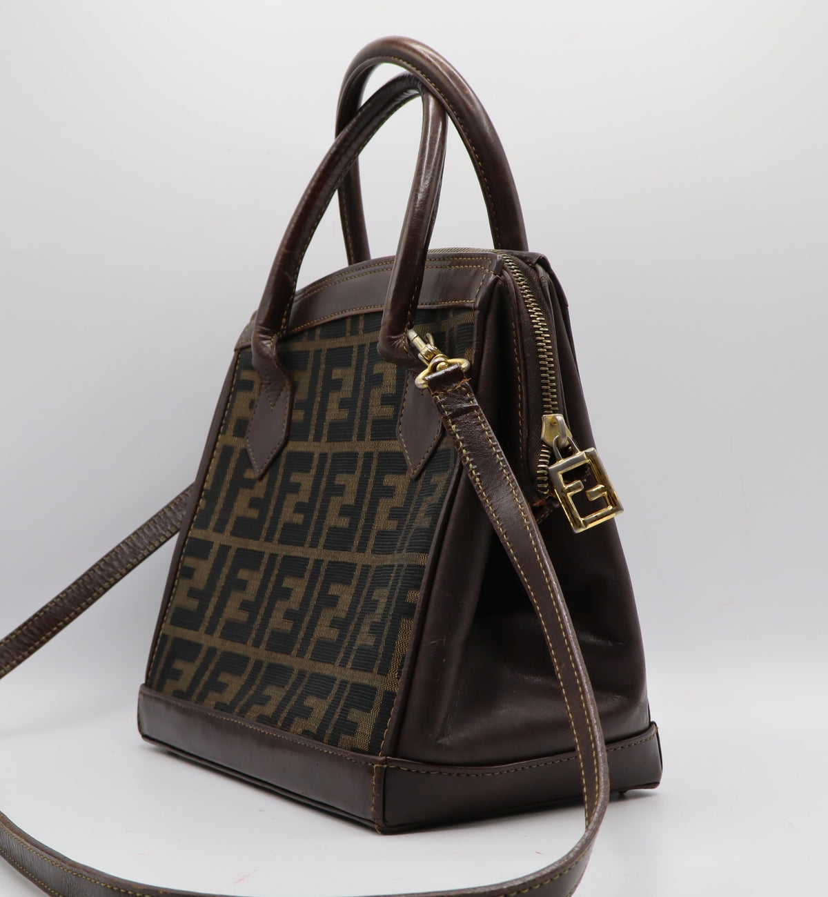 Fendi Brown Zucca Canvas Leather Tote Bag