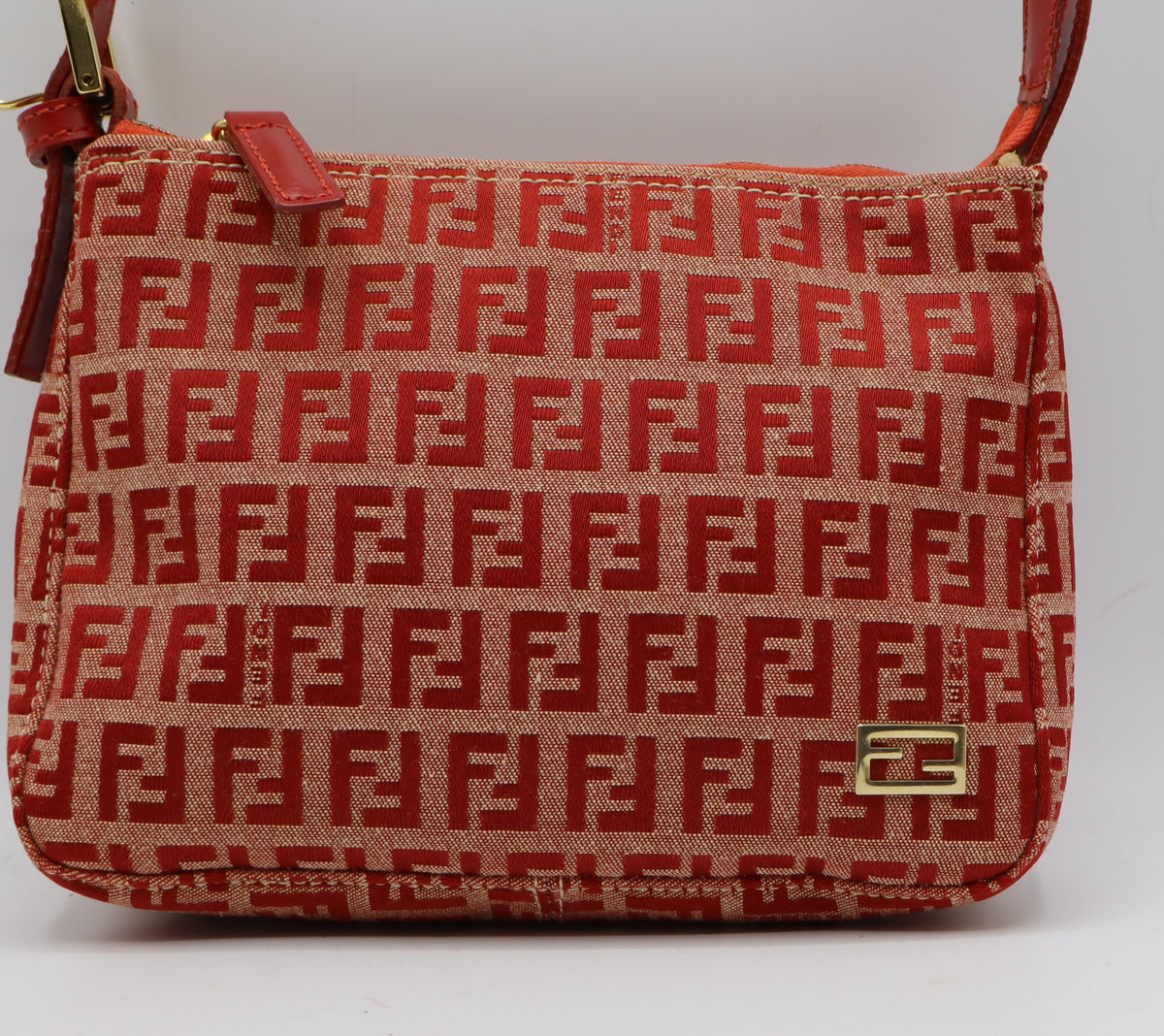 Fendi Red Tan Zucca Canvas Leather Mini Shoulder Bag