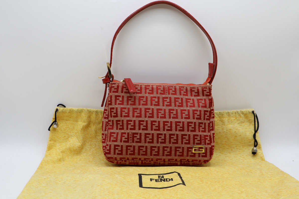 Fendi Red Tan Zucca Canvas Leather Mini Shoulder Bag