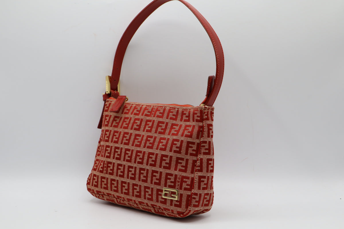 Fendi Red Tan Zucca Canvas Leather Mini Shoulder Bag