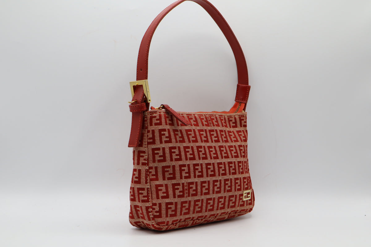 Fendi Red Tan Zucca Canvas Leather Mini Shoulder Bag