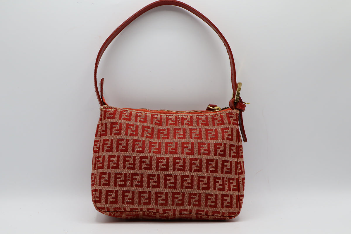 Fendi Red Tan Zucca Canvas Leather Mini Shoulder Bag