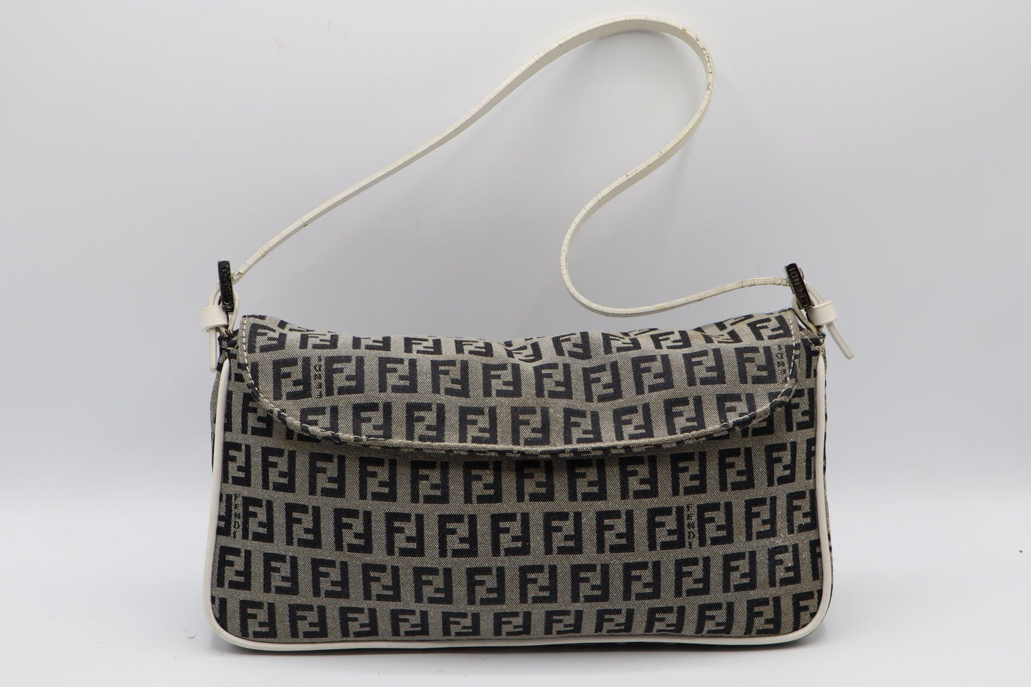 Fendi Grey Black Zucca Zucchino Canvas Flap Shoulder Bag
