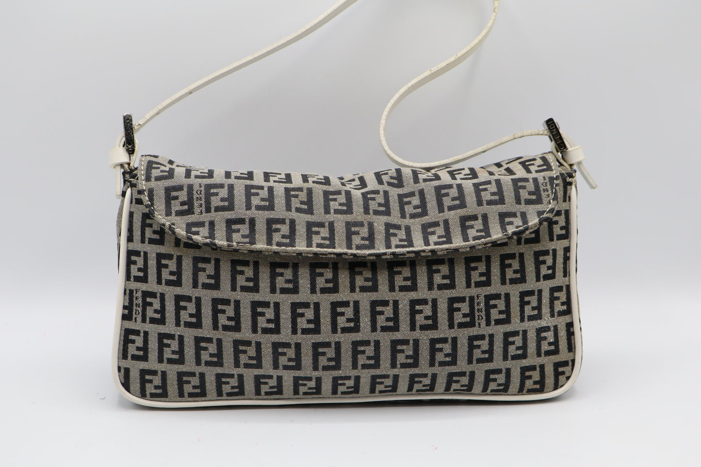 Fendi Grey Black Zucca Zucchino Canvas Flap Shoulder Bag