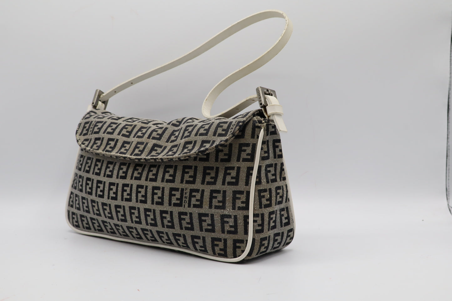 Fendi Grey Black Zucca Zucchino Canvas Flap Shoulder Bag