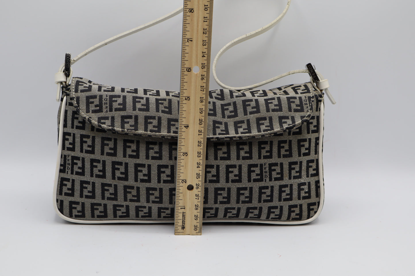 Fendi Grey Black Zucca Zucchino Canvas Flap Shoulder Bag