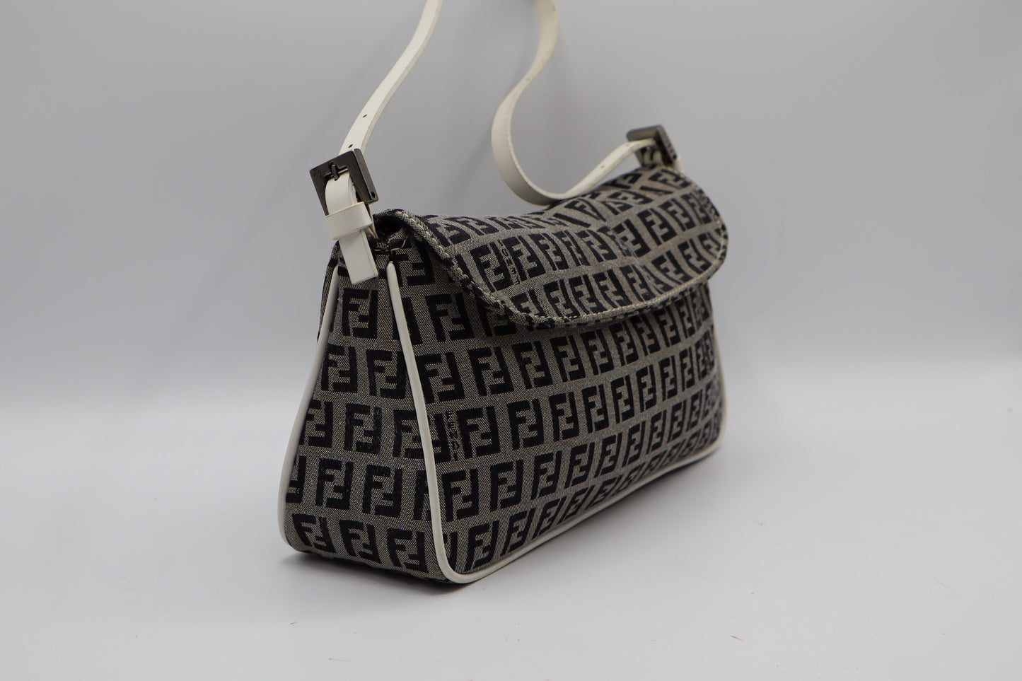 Fendi Grey Black Zucca Zucchino Canvas Flap Shoulder Bag