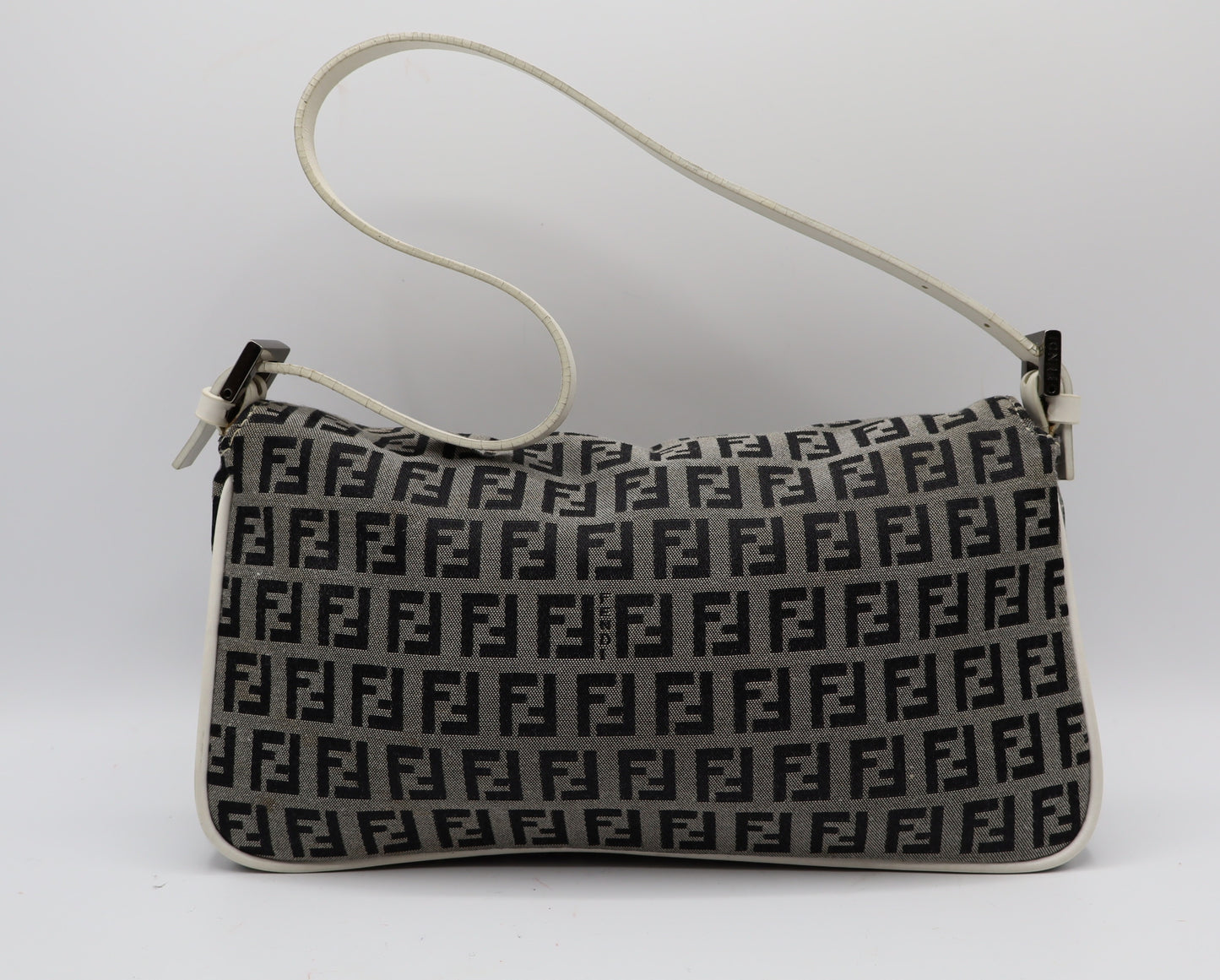 Fendi Grey Black Zucca Zucchino Canvas Flap Shoulder Bag