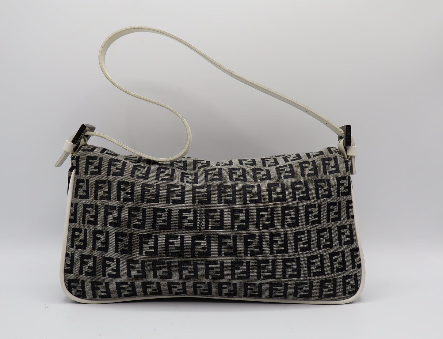 Fendi Grey Black Zucca Zucchino Canvas Flap Shoulder Bag