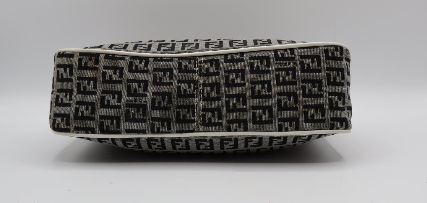 Fendi Grey Black Zucca Zucchino Canvas Flap Shoulder Bag