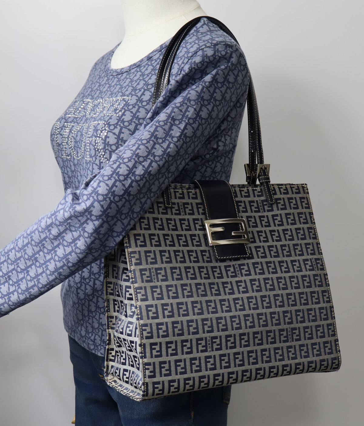 Fendi Navy Zucchino Zucca Canvas Leather Large Tote Bag