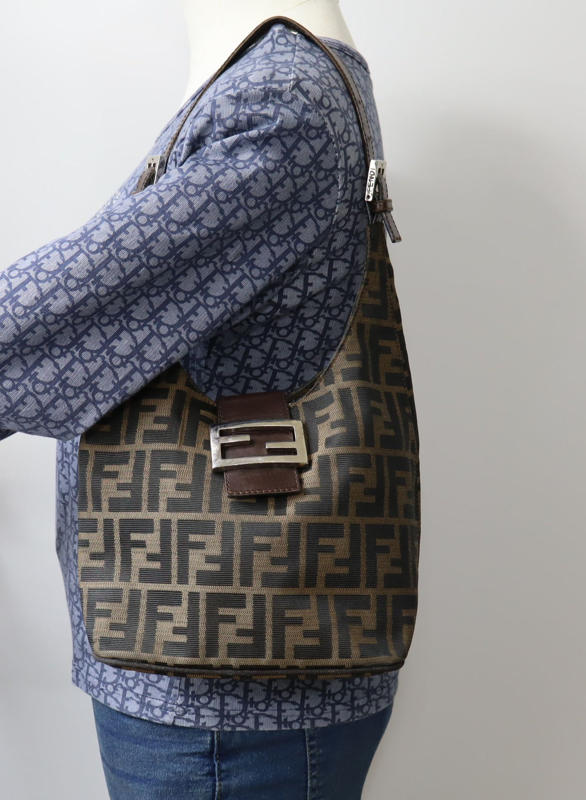 Fendi Brown Zucca Canvas Leather Flap Baguette Shoulder Bag