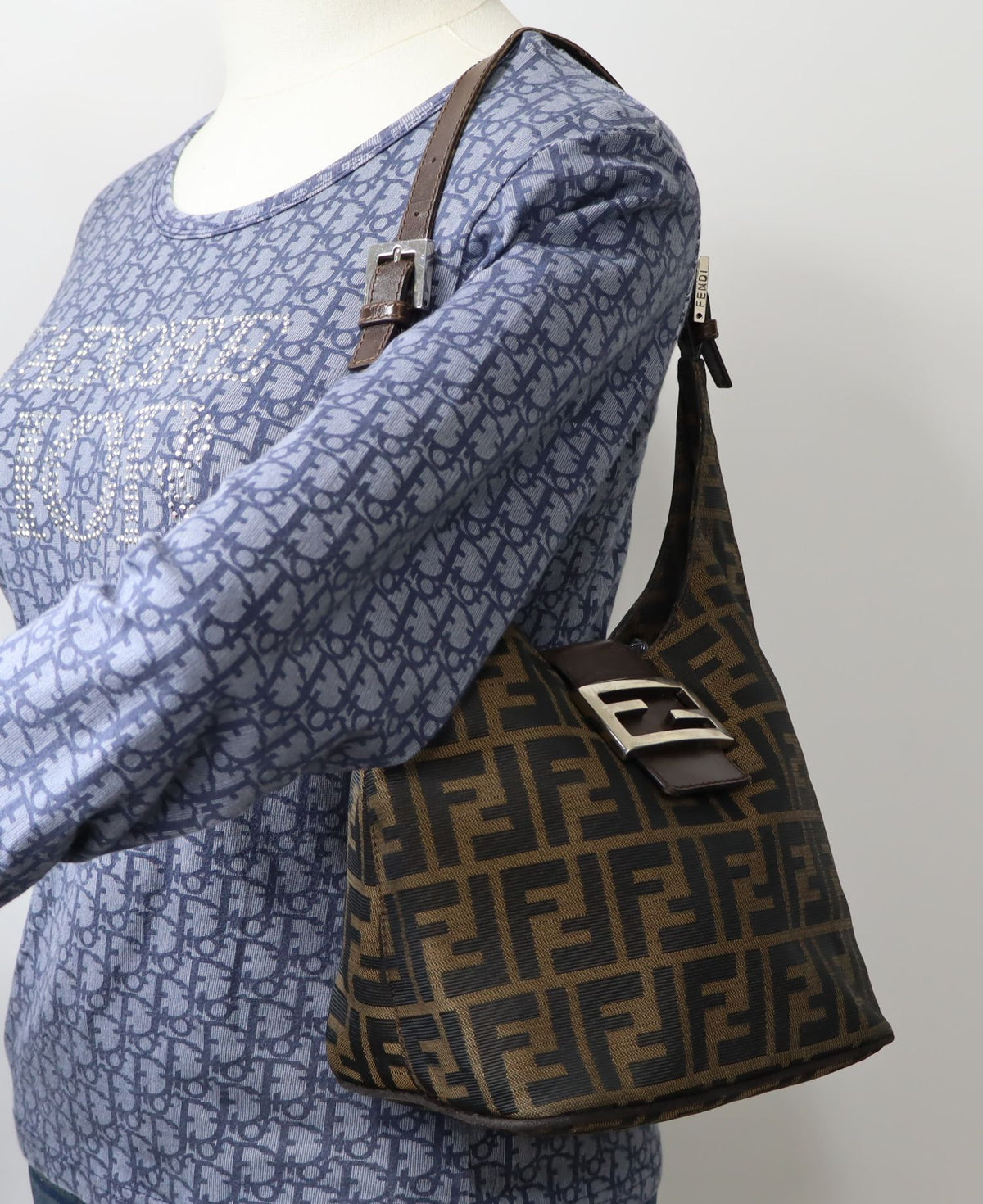 Fendi Brown Zucca Canvas Leather Flap Baguette Shoulder Bag
