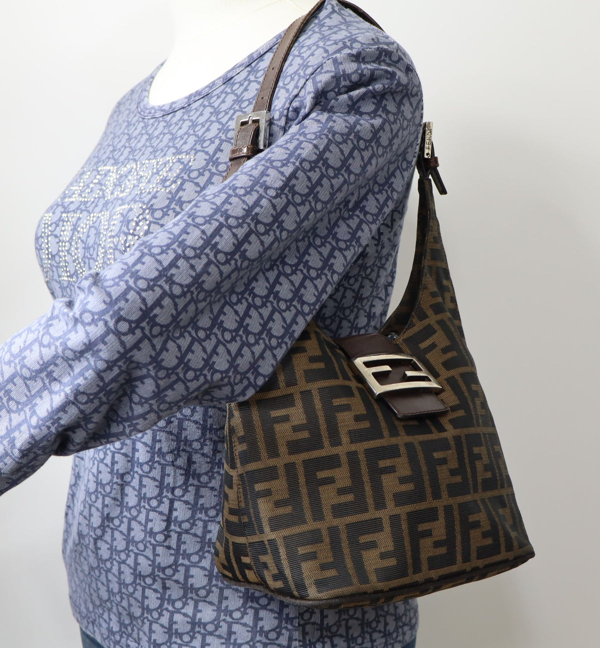 Fendi Brown Zucca Canvas Leather Flap Baguette Shoulder Bag