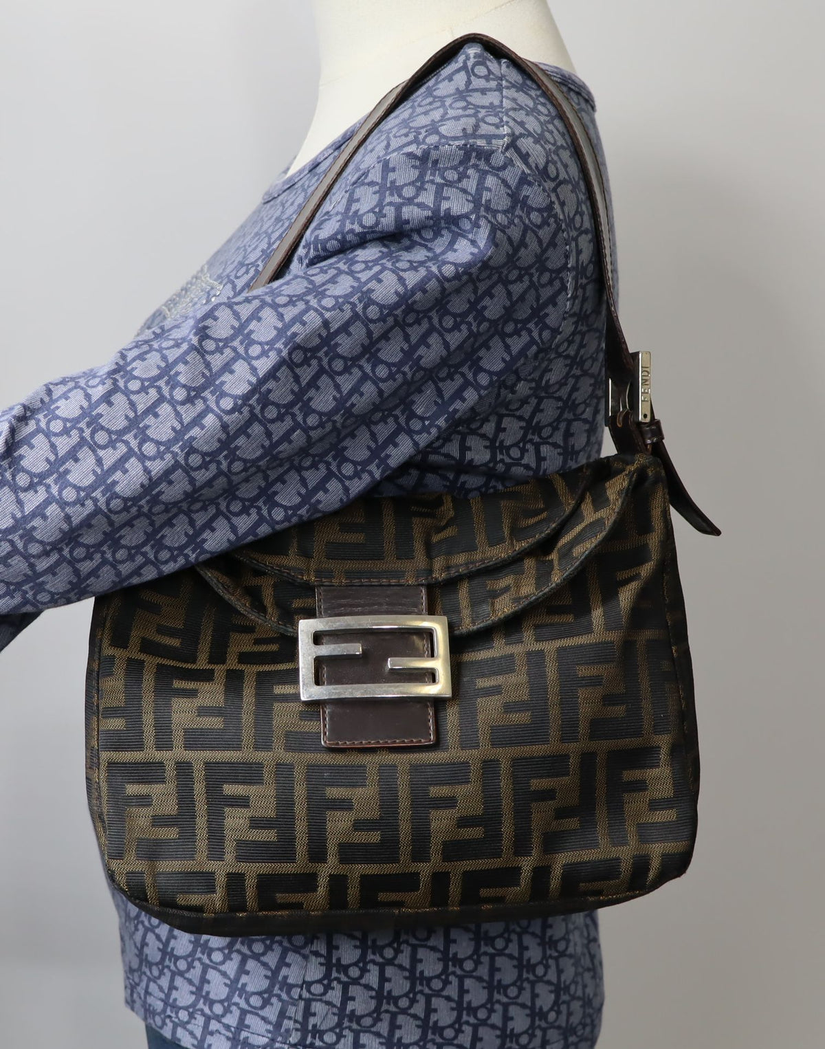 Fendi Brown Zucca Monogram Canvas Double Flap Baguette Bag