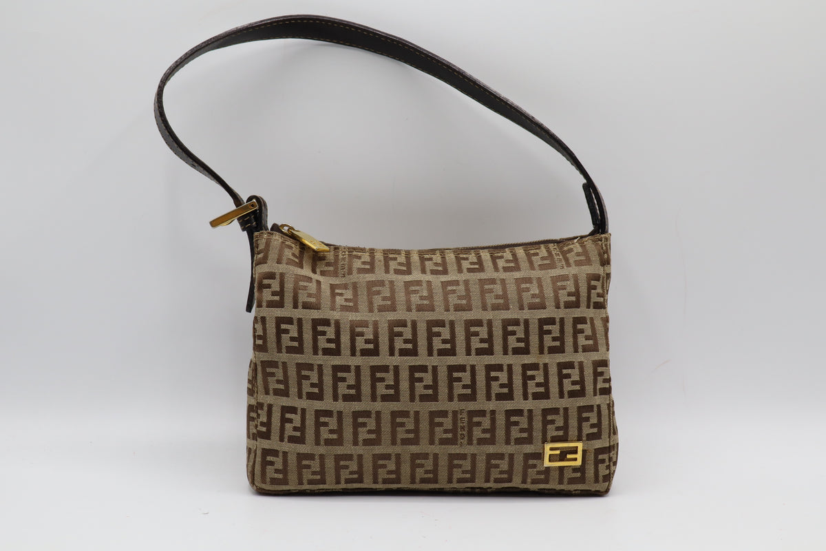 Fendi Brown Zucchino Zucca Canvas Leather Shoulder Bag