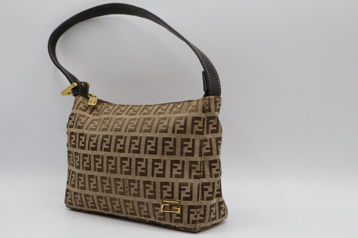 Fendi Brown Zucchino Zucca Canvas Leather Shoulder Bag