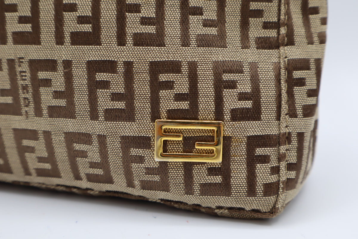 Fendi Brown Zucchino Zucca Canvas Leather Shoulder Bag