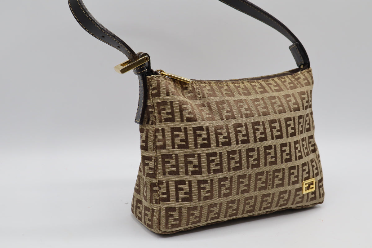 Fendi Brown Zucchino Zucca Canvas Leather Shoulder Bag