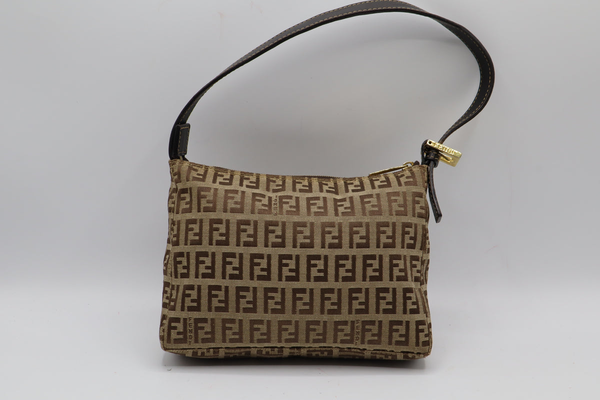 Fendi Brown Zucchino Zucca Canvas Leather Shoulder Bag
