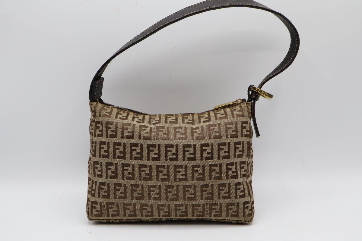 Fendi Brown Zucchino Zucca Canvas Leather Shoulder Bag