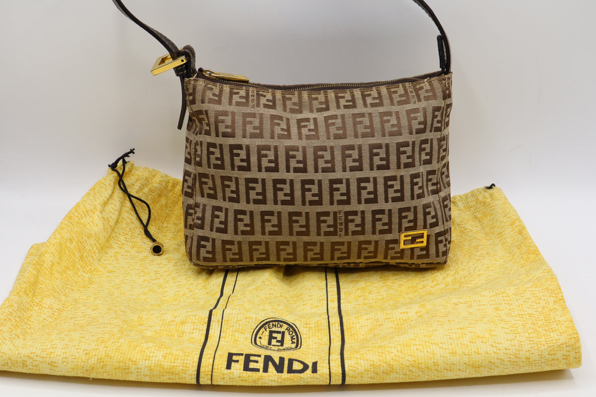 Fendi Brown Zucchino Zucca Canvas Leather Shoulder Bag