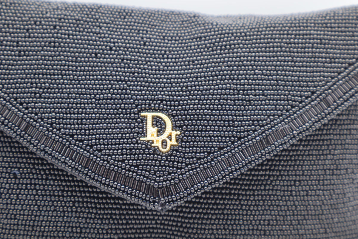 Christian Dior Gala Black Beaded Gold Logo Chain Flap Bag