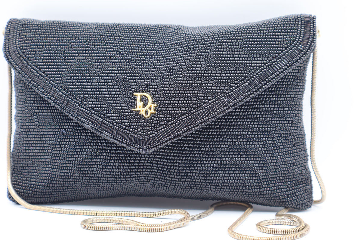 Christian Dior Gala Black Beaded Gold Logo Chain Flap Bag