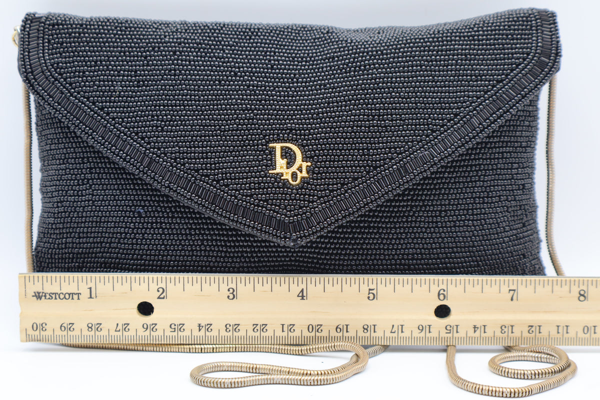 Christian Dior Gala Black Beaded Gold Logo Chain Flap Bag