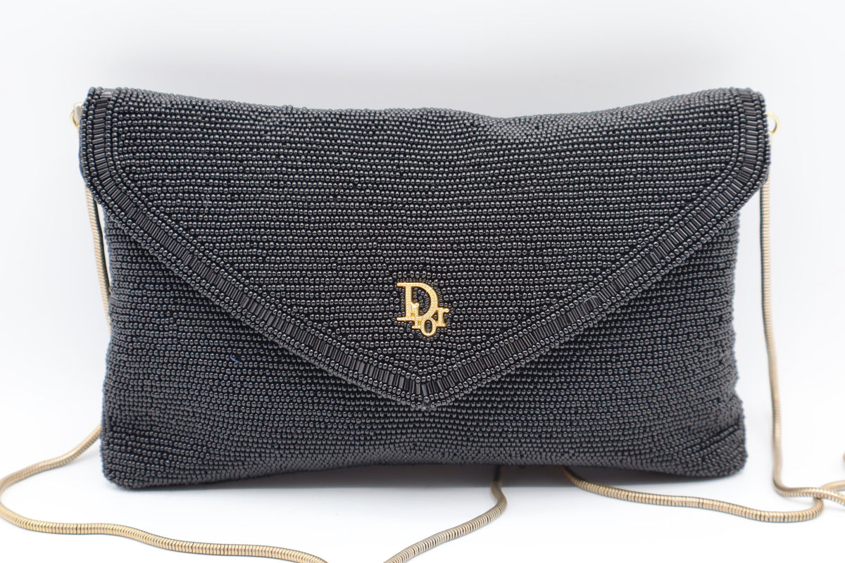 Christian Dior Gala Black Beaded Gold Logo Chain Flap Bag