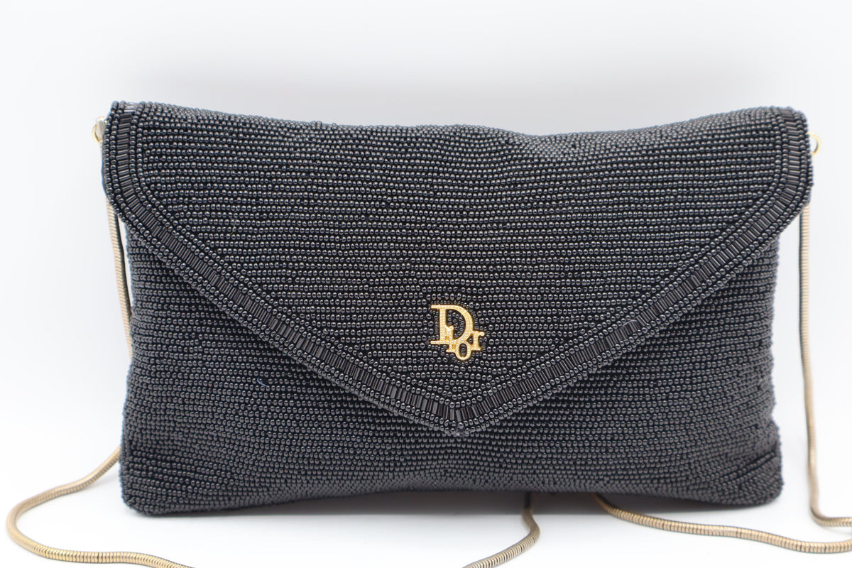 Christian Dior Gala Black Beaded Gold Logo Chain Flap Bag