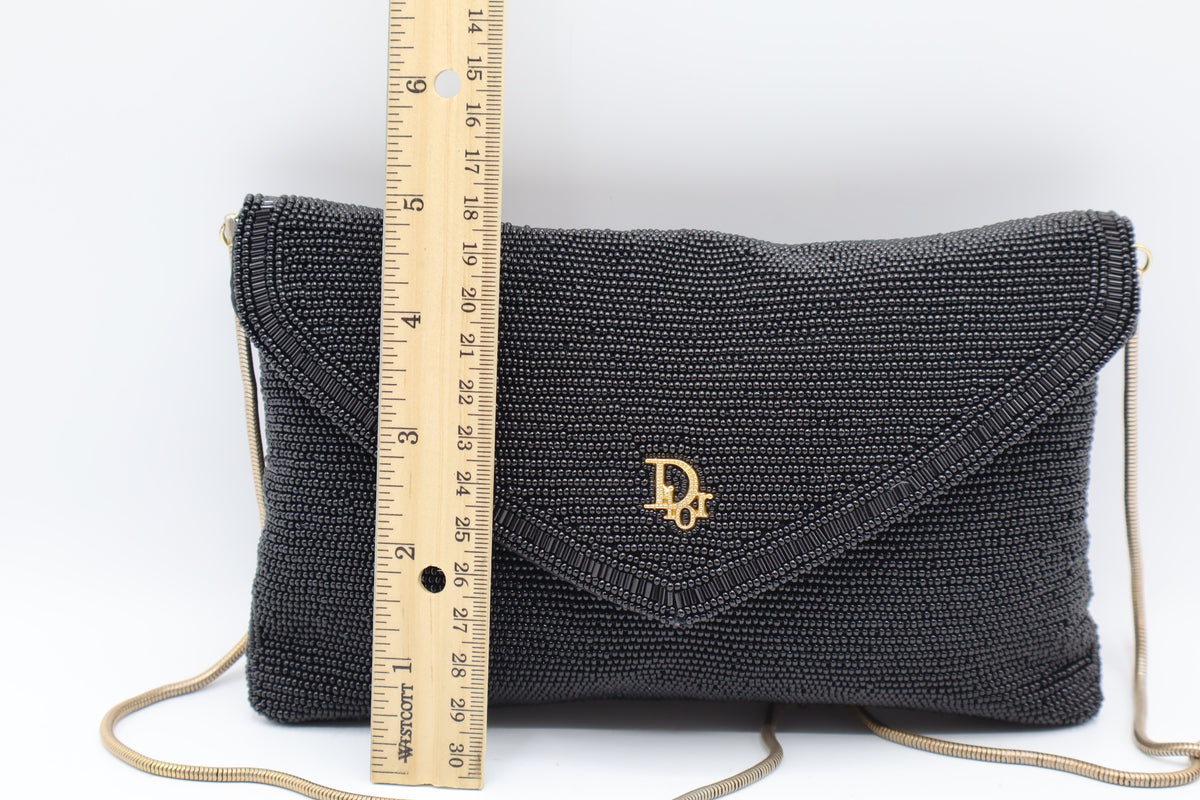 Christian Dior Gala Black Beaded Gold Logo Chain Flap Bag