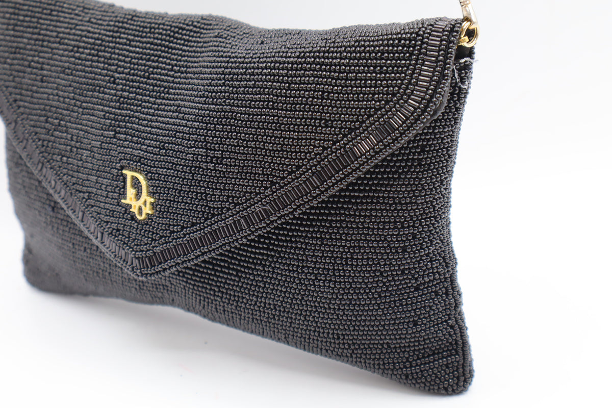 Christian Dior Gala Black Beaded Gold Logo Chain Flap Bag