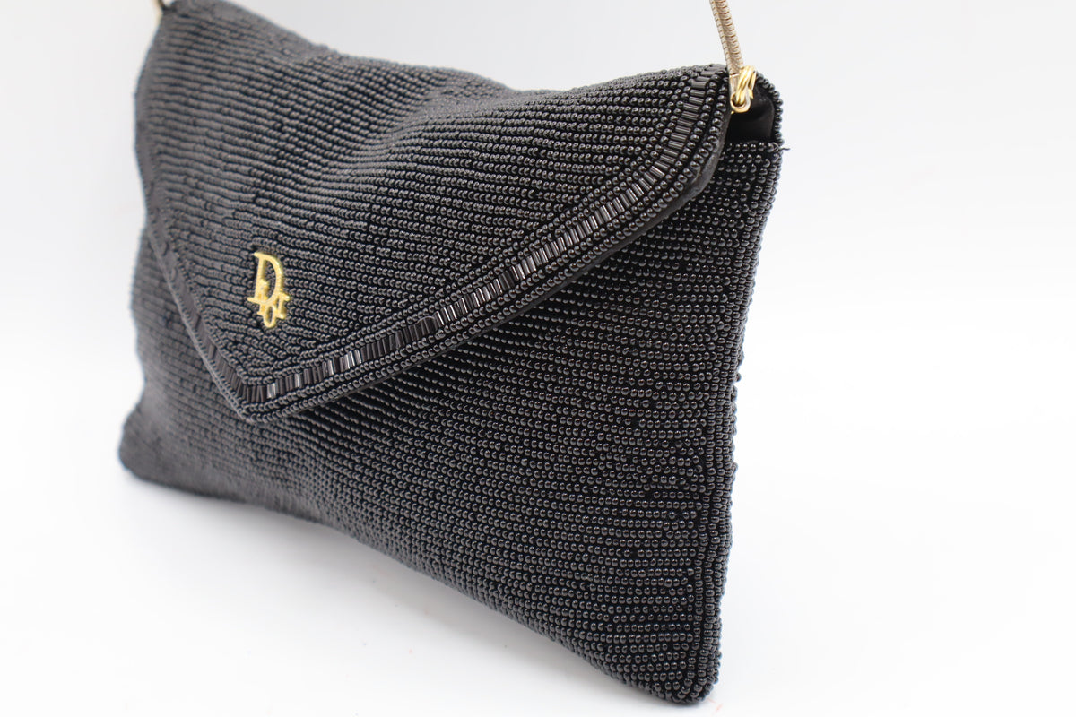 Christian Dior Gala Black Beaded Gold Logo Chain Flap Bag