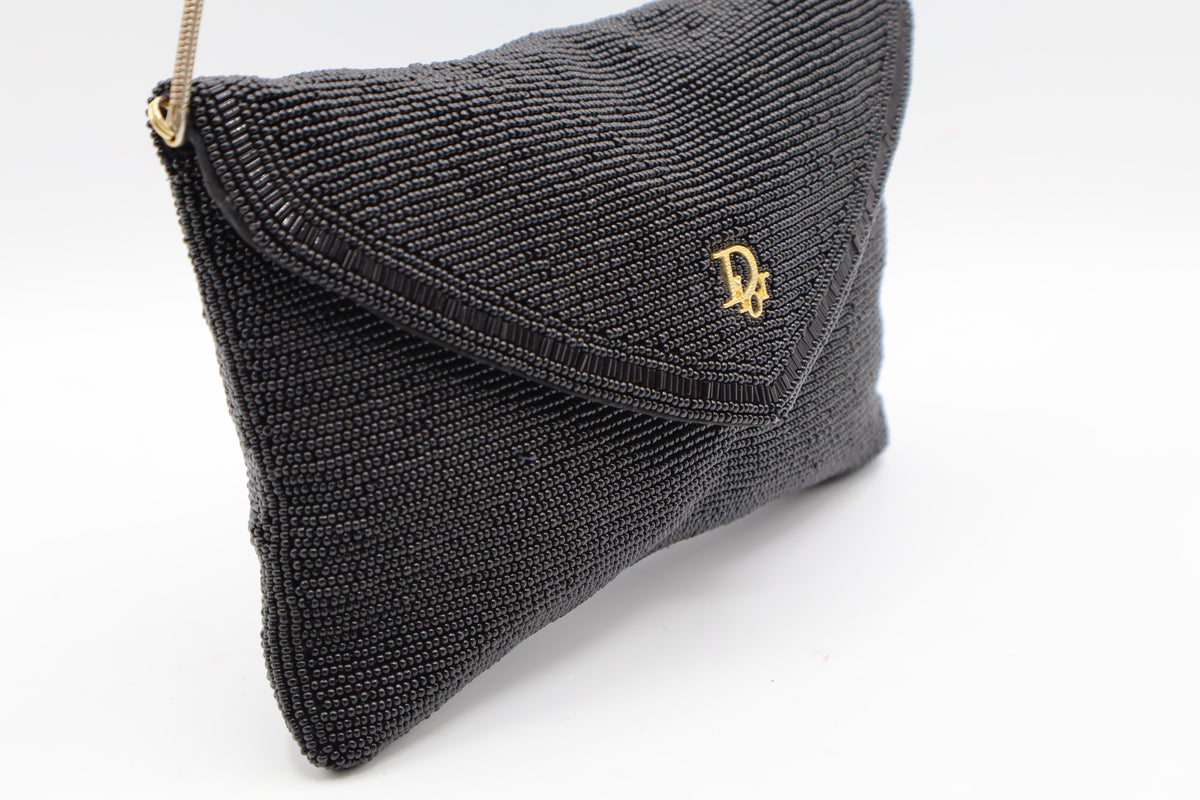 Christian Dior Gala Black Beaded Gold Logo Chain Flap Bag
