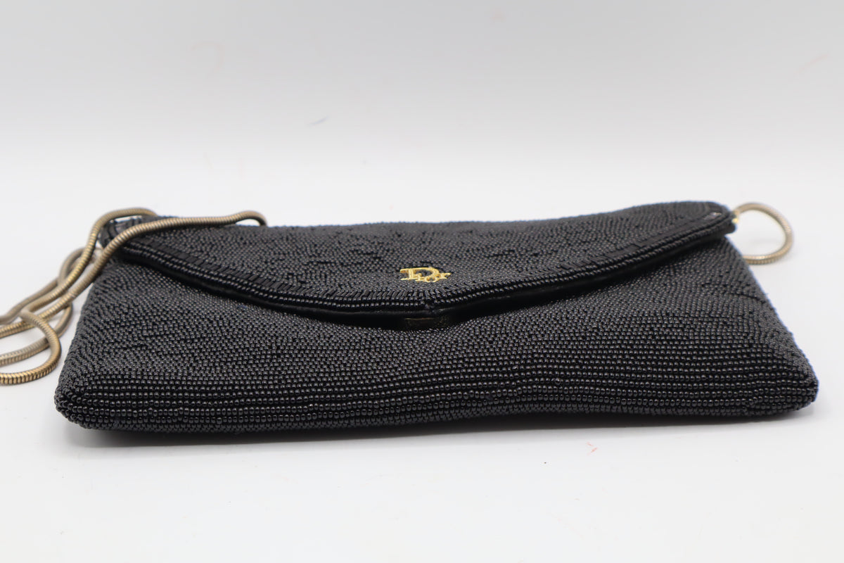 Christian Dior Gala Black Beaded Gold Logo Chain Flap Bag