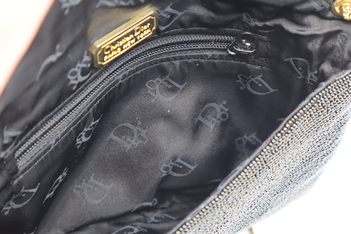 Christian Dior Gala Black Beaded Gold Logo Chain Flap Bag