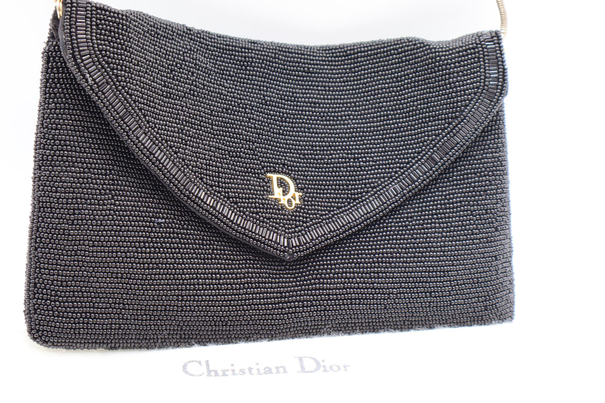 Christian Dior Gala Black Beaded Gold Logo Chain Flap Bag