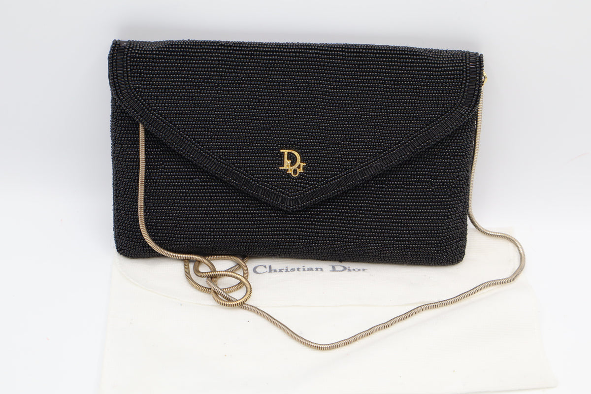 Christian Dior Gala Black Beaded Gold Logo Chain Flap Bag