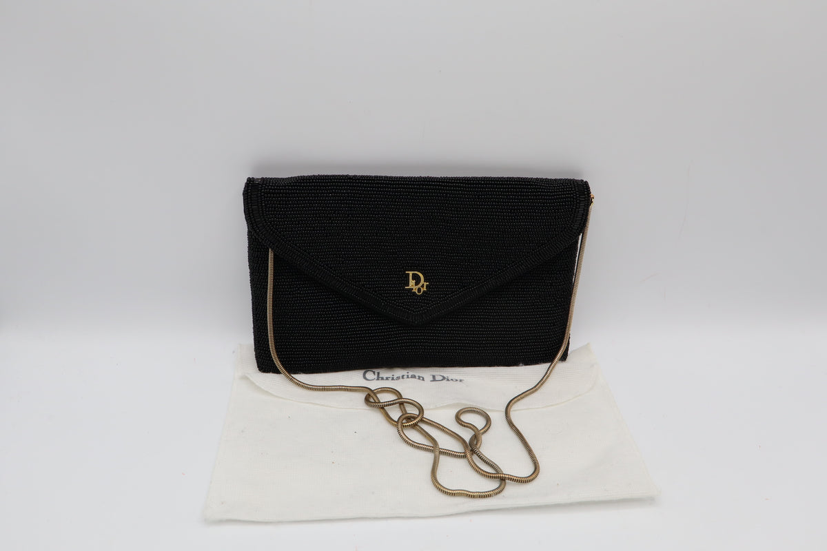 Christian Dior Gala Black Beaded Gold Logo Chain Flap Bag
