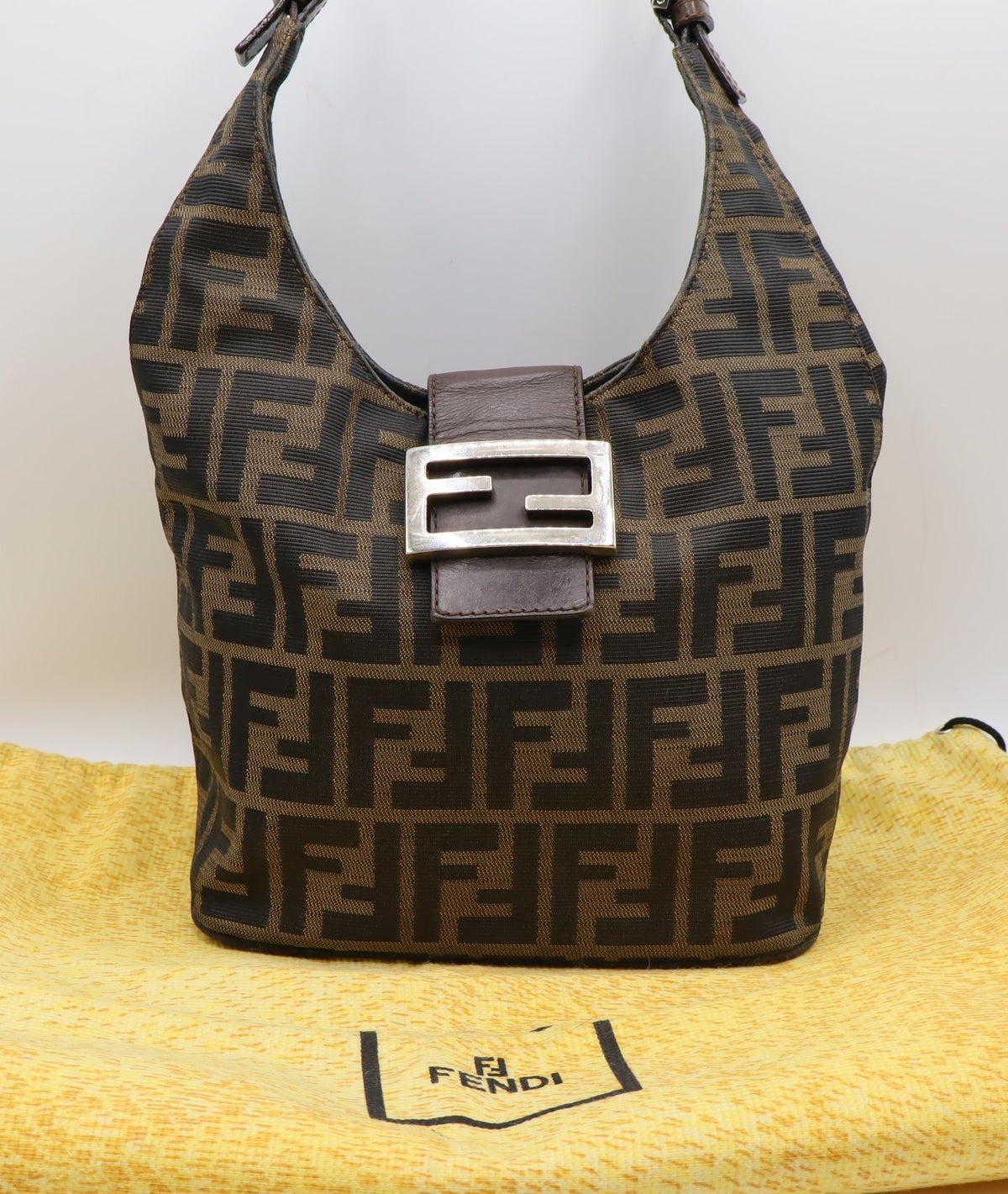 Fendi Brown Zucca Canvas Leather Flap Baguette Shoulder Bag