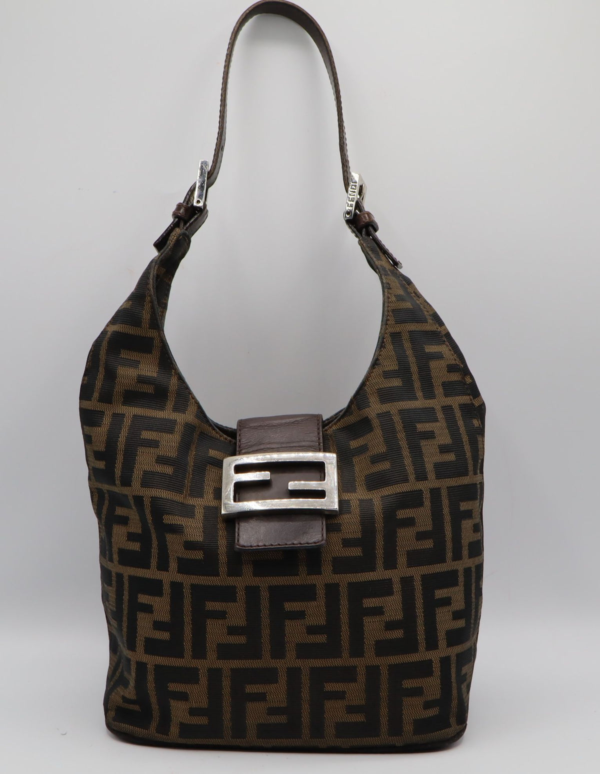 Fendi Brown Zucca Canvas Leather Flap Baguette Shoulder Bag