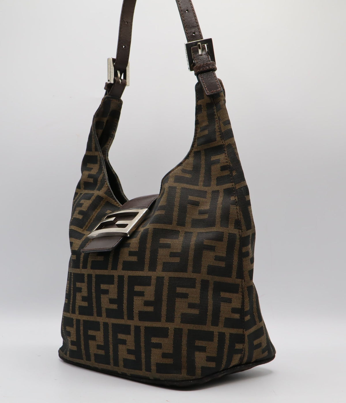 Fendi Brown Zucca Canvas Leather Flap Baguette Shoulder Bag