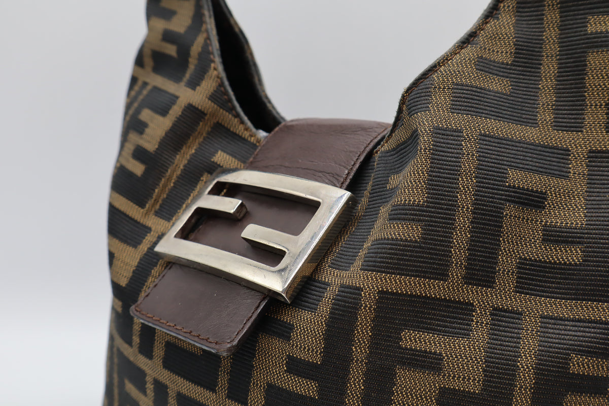 Fendi Brown Zucca Canvas Leather Flap Baguette Shoulder Bag