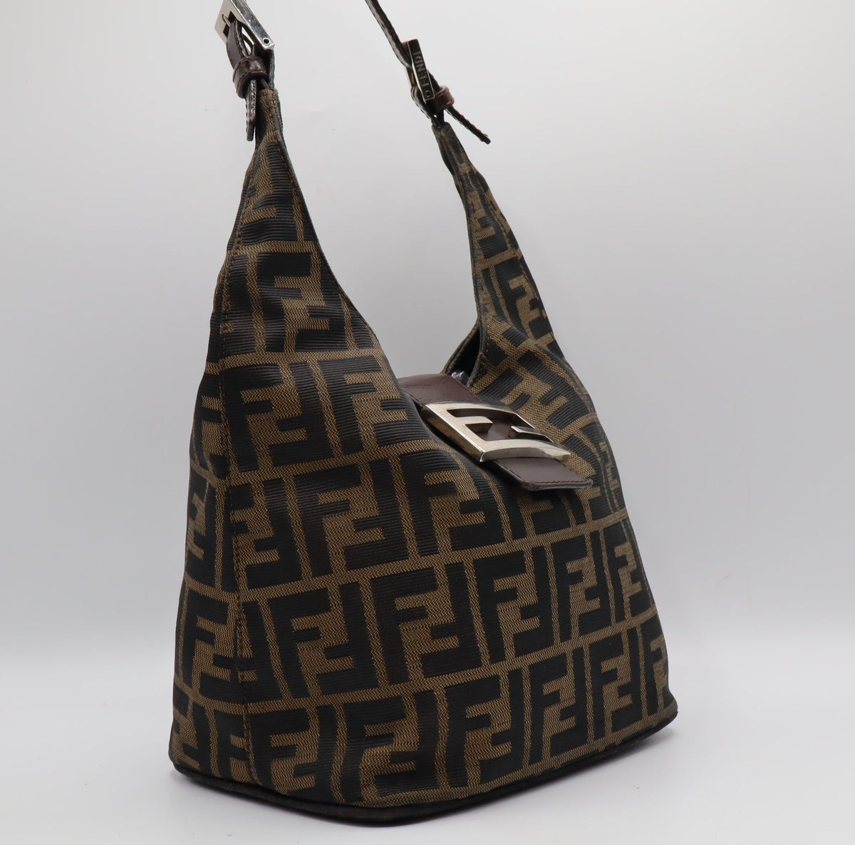Fendi Brown Zucca Canvas Leather Flap Baguette Shoulder Bag