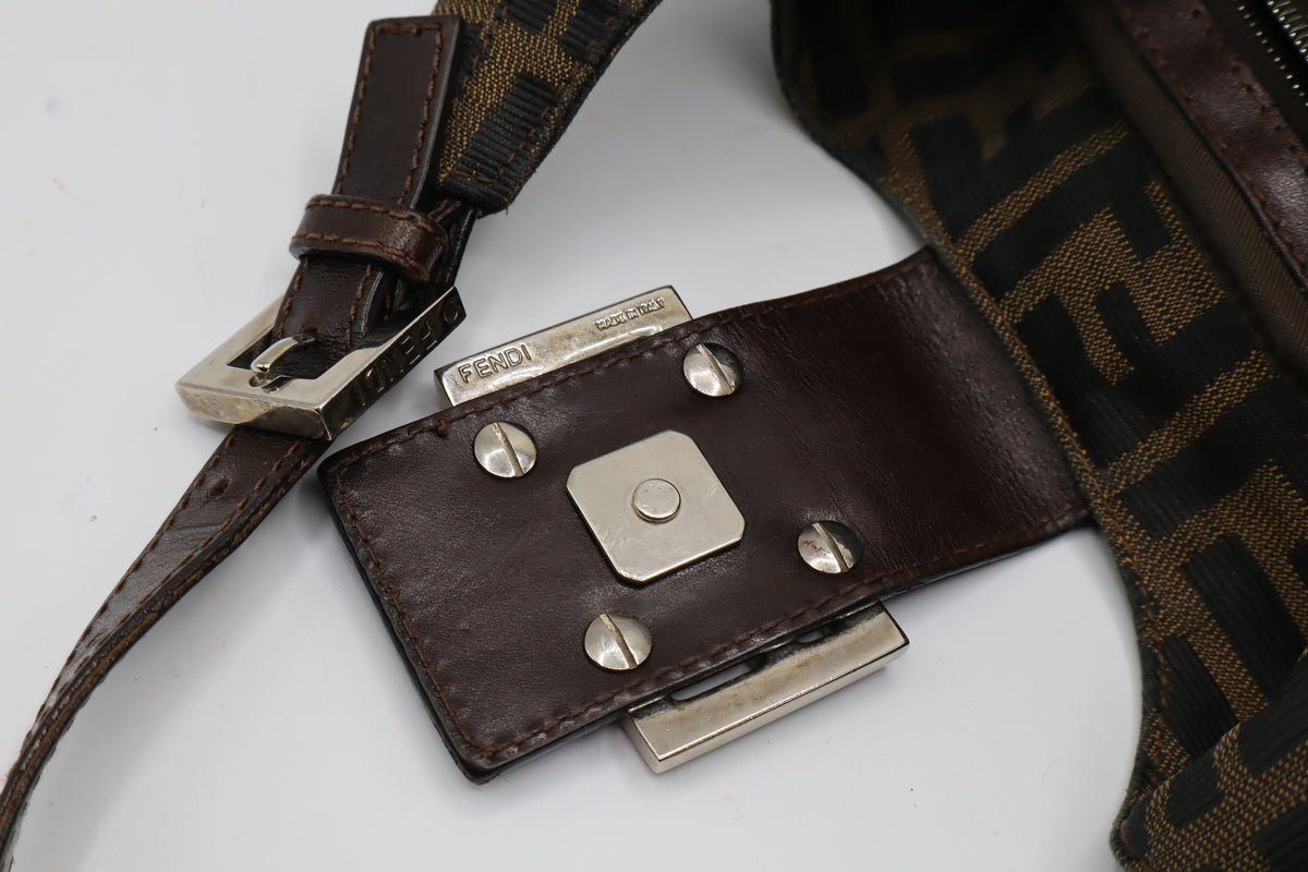 Fendi Brown Zucca Canvas Leather Flap Baguette Shoulder Bag