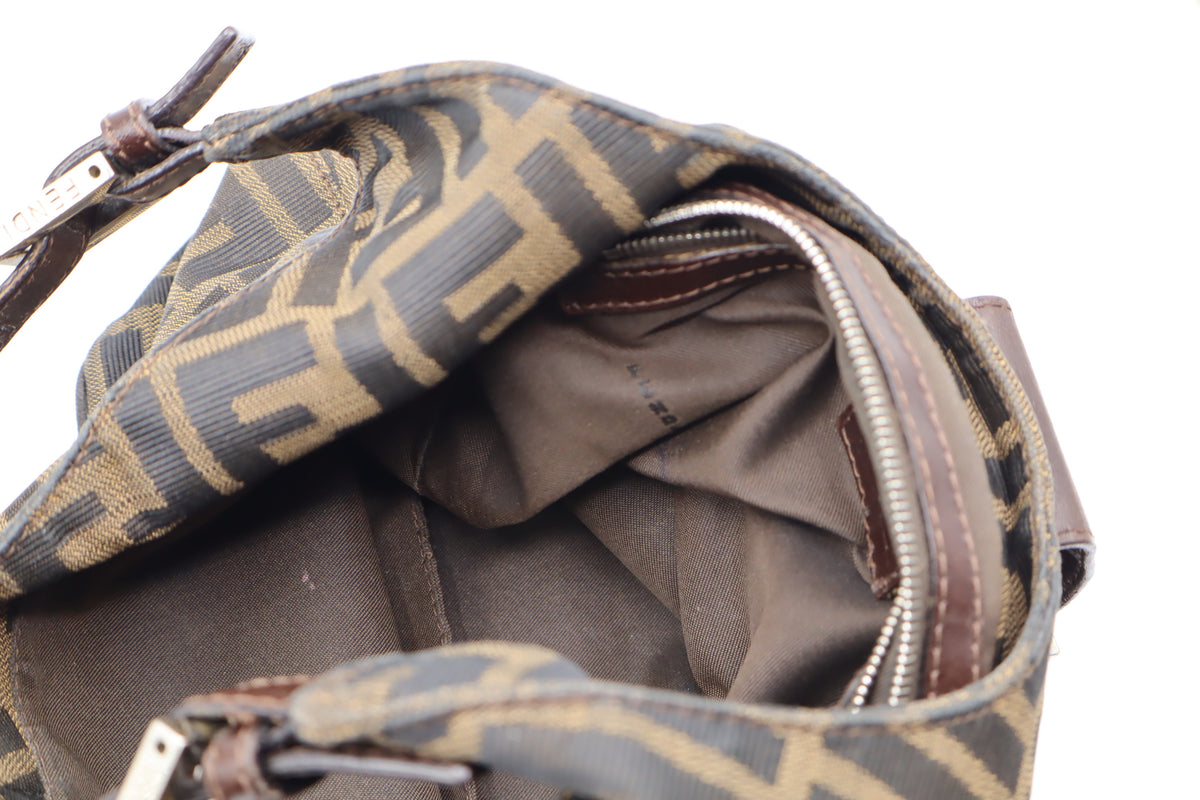 Fendi Brown Zucca Canvas Leather Flap Baguette Shoulder Bag